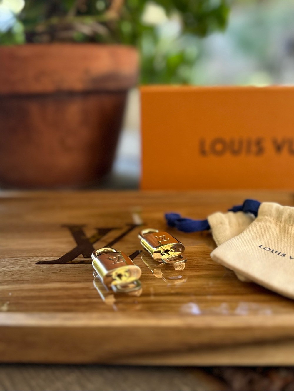 Louis Vuitton Set of 2 Gold / Brass Padlocks Keys, #'s 301 & 303 ,dust bags x2
